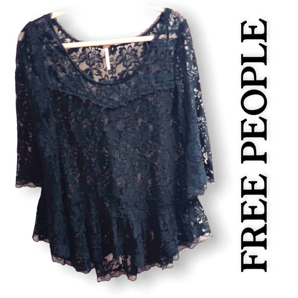 Free People Black Lace Flowy Peplum 3/4 Sleeve Overlay Top Womens Size S/P
